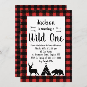 Rustic Wilderness & Animal Plaid Wild One Birthday Invitation