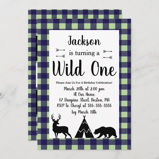 Rustic Wilderness & Animal Plaid Wild One Birthday Invitation (Front/Back)