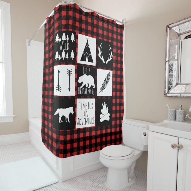 Rustic Wilderness & Animals Buffalo Check Plaid Shower Curtain (In Situ)