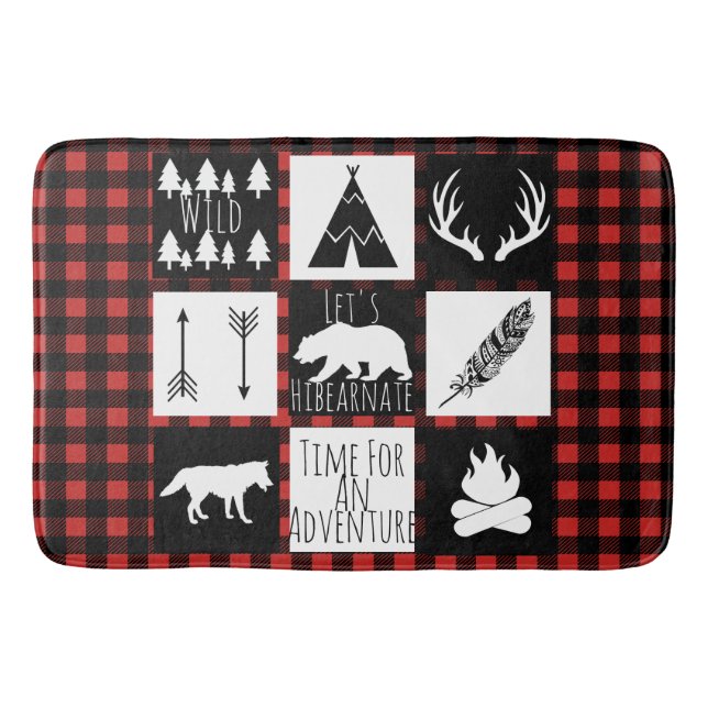 Rustic Wilderness Animals Buffalo Lumberjack Plaid Bath Mat (Front)