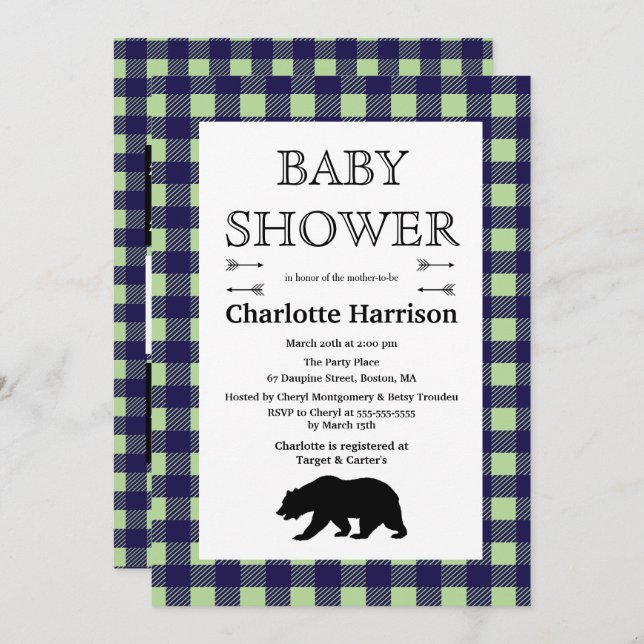 Rustic Wilderness & Animals Plaid Baby Shower Invitation (Front/Back)