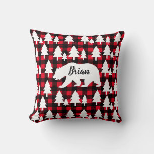 Rustic Wilderness Bear & Trees Buffalo Check Plaid Cushion