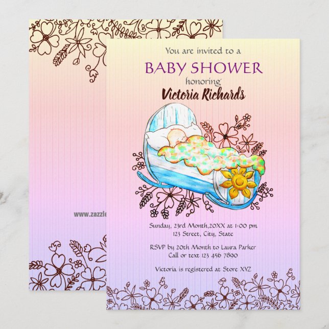 Rustic Wildflower Baby in Cradle Baby Shower Invitation (Front/Back)