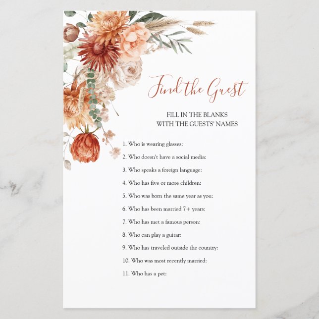 Rustic Wildflower Baby Shower Find The Guest Game (Front)