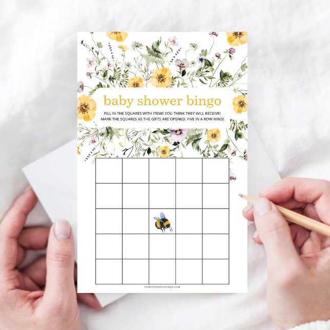 Rustic Wildflower Bee Baby Shower Bingo Game  (Creator Uploaded)