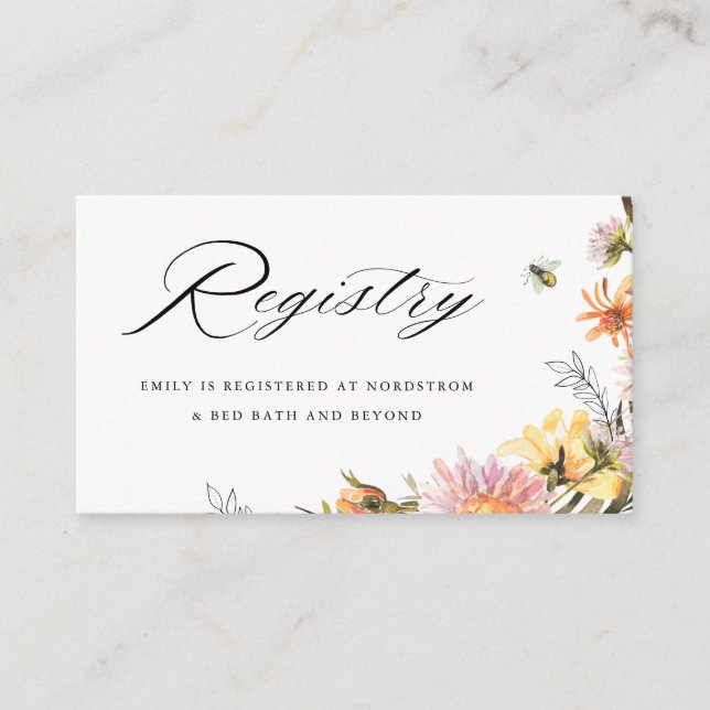Rustic Wildflower Bee Bridal Shower Gift Registry Enclosure Card (Front)