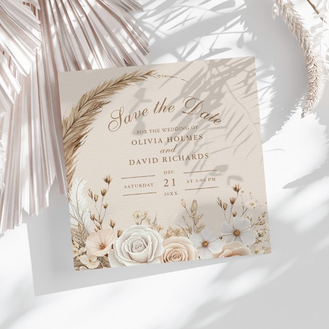 Rustic Wildflower Beige Save the Date (Rustic Dried Wildflowers and White Roses Wedding Save The Date on a sunny table with dry botanicals)