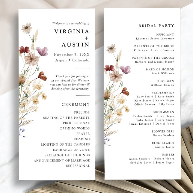 Rustic Wildflower Boho Wedding Program (Rustic White Watercolor Wildflower Boho Wedding Program by Painted Paperie
)