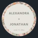 Rustic Wildflower Botanical Couples Shower Custom Classic Round Sticker<br><div class="desc">This personalized couples shower sticker features a lush wildflower botanical border in muted sage, taupe, blush, and dusty rose surrounding a clean cream circle with the couple's names and date in bold typography. A versatile finishing touch for favor bags, envelopes, water bottles, or table decor at an outdoor, greenhouse, or...</div>