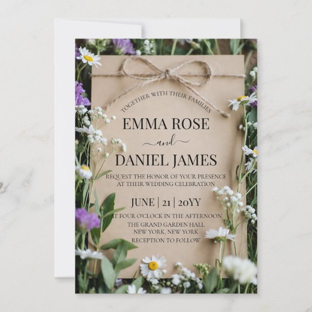 Rustic Wildflower Botanical Kraft Paper Wedding Invitation (Front)