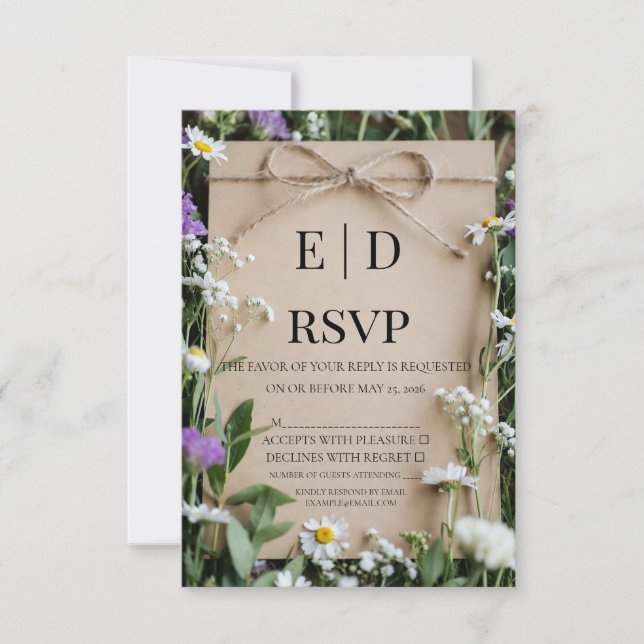 Rustic Wildflower Botanical Kraft Paper Wedding RSVP Card (Front)
