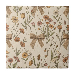 Rustic Wildflower Bouquet with Burlap Bows Vintage Ceramic Tile