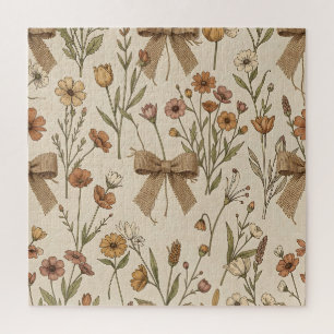 Rustic Wildflower Bouquet with Burlap Bows Vintage Jigsaw Puzzle
