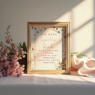 Rustic Wildflower Bunny Beige Signature Drinks Bar Poster