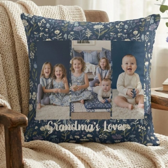 Rustic Wildflower Collage – Grandma's Loves Photo Cushion (Rustic Wildflower Collage – Grandma's Loves Photo pillow)