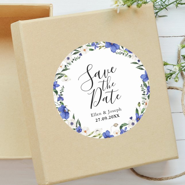Rustic Wildflower Colourful Wedding Save The Date  Classic Round Sticker (Creator Uploaded)