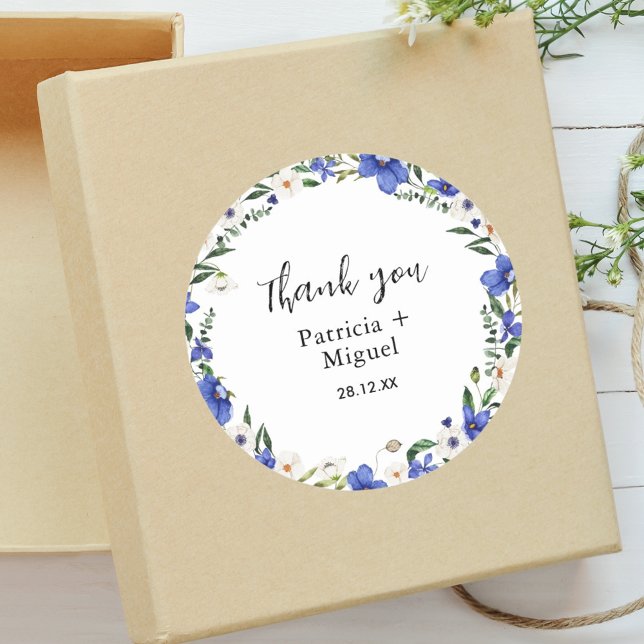 Rustic Wildflower Colourful Wedding Thank You Classic Round Sticker (Creator Uploaded)