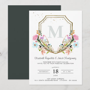 Rustic Wildflower Elegant Gold Crest Wedding Invitation