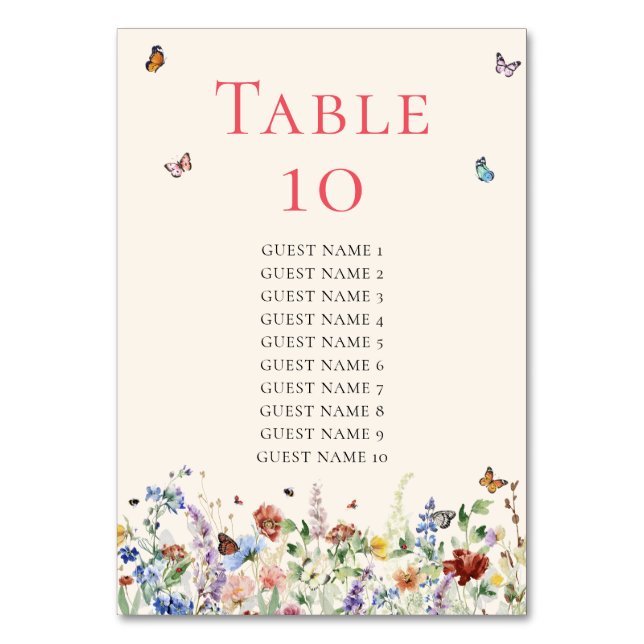 Rustic Wildflower Floral Wedding Table Number (Front)