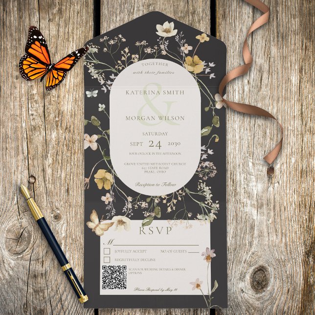 Rustic Wildflower Frame Black QR Code All In One Invitation (Creator Uploaded)