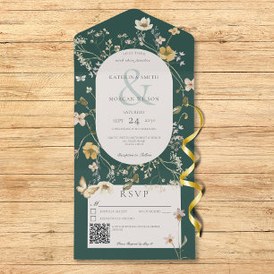 Rustic Wildflower Frame Emerald Green QR Code All In One Invitation