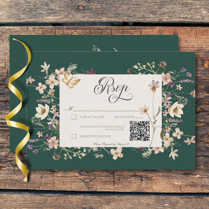 Rustic Wildflower Frame Emerald Green QR Code RSVP Card