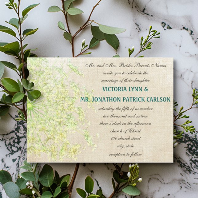 Rustic Wildflower Green Yellow Queen Annes Lace Invitation (Creator Uploaded)
