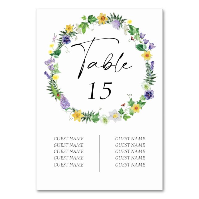 Rustic Wildflower Guest Names Wedding  Table Number (Front)