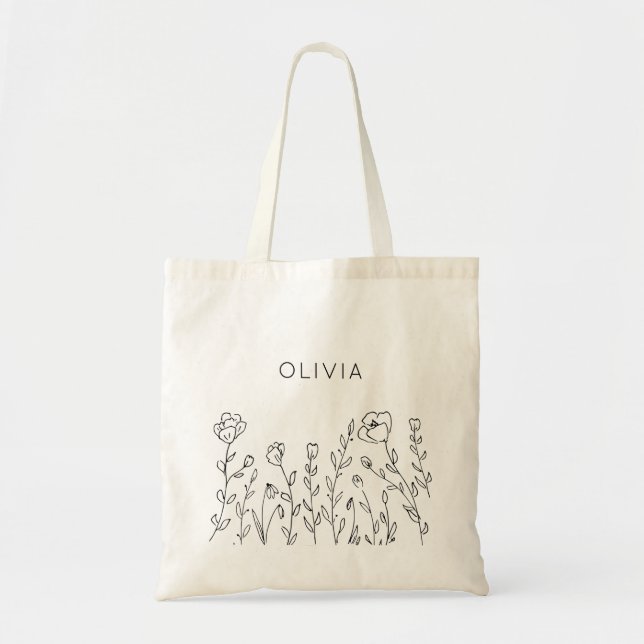 Rustic Wildflower Minimalist Name Tote Bag (Front)