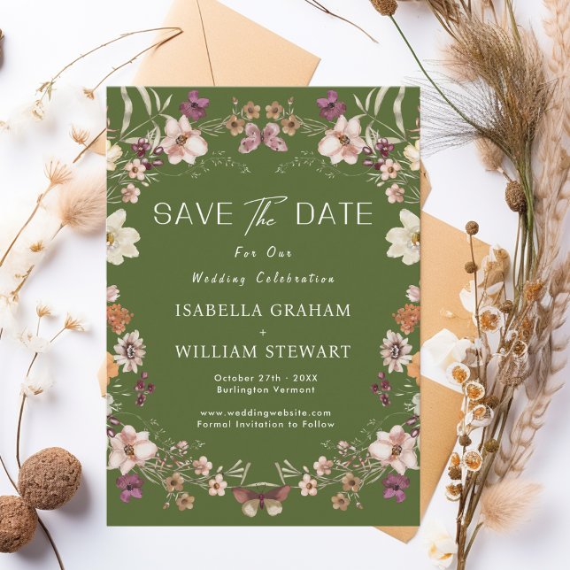 Rustic Wildflower Moss Green Boho Save The Date Invitation (Creator Uploaded)