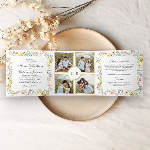Rustic Wildflower Photo Collage All in One Wedding Tri-Fold Invitation