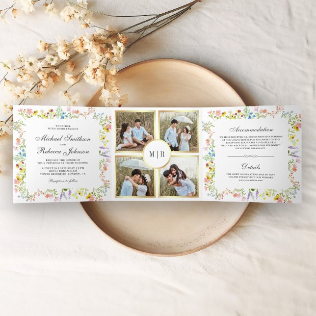 Rustic Wildflower Photo Collage All in One Wedding Tri-Fold Invitation (Creator Uploaded)