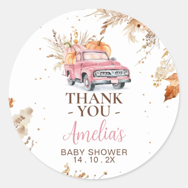 Rustic Wildflower Pink Pumpkin Truck Baby Shower  Classic Round Sticker (Front)