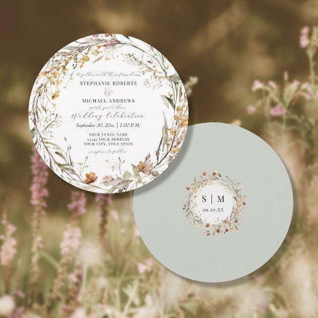 Rustic Wildflower Round Fall Autumn Flower Wedding Invitation (Creator Uploaded)