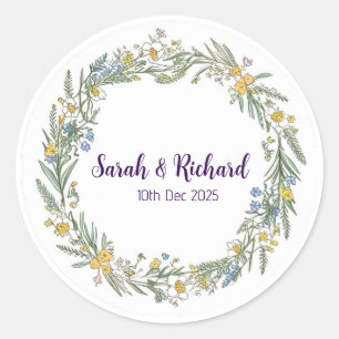 Rustic Wildflower Spring Wedding, Romantic Garden Classic Round Sticker