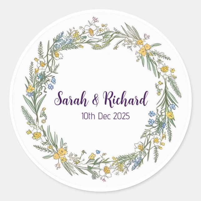 Rustic Wildflower Spring Wedding, Romantic Garden Classic Round Sticker (Front)