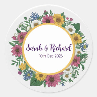 Rustic Wildflower Spring Wedding, Romantic Garden Classic Round Sticker