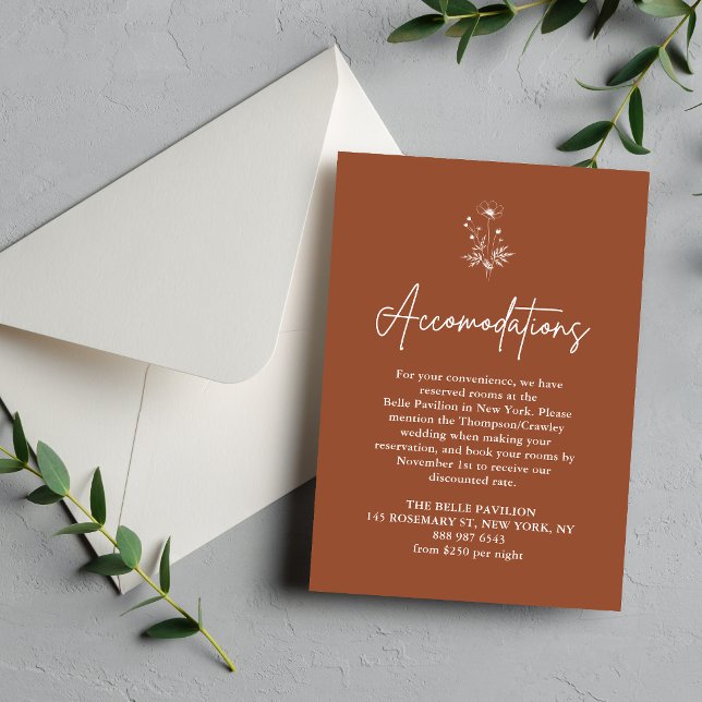 Rustic Wildflower Terracotta Wedding Accomodations Enclosure Card (Rustic terracotta accommodations card adds boho charm and helps guests find their stay easily.)