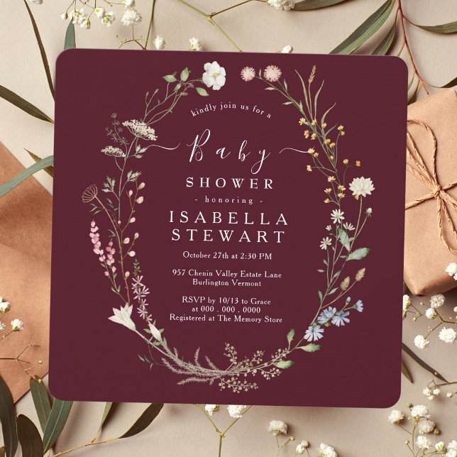Rustic Wildflower Theme Burgundy Baby Shower Invitation (Creator Uploaded)