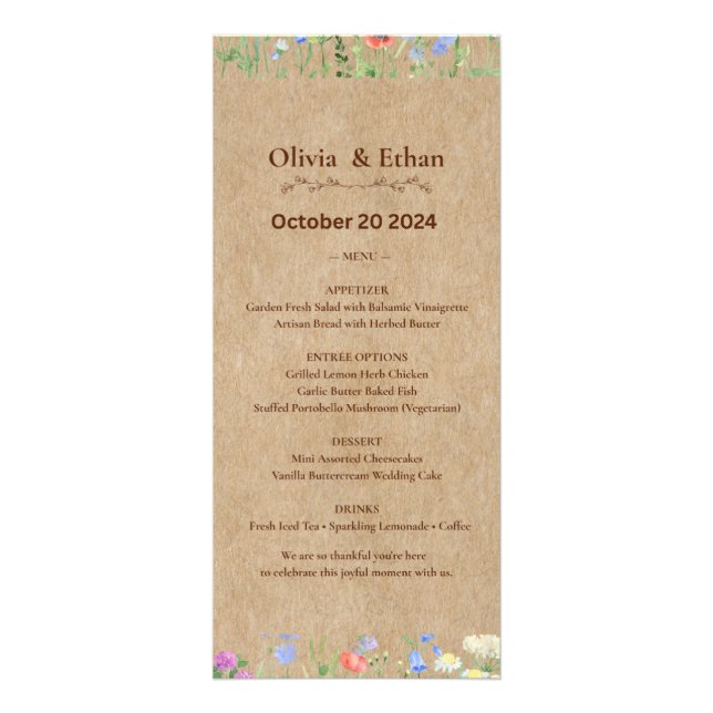 Rustic Wildflower Wedding Menu | Kraft Look (Front)