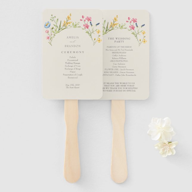 Rustic Wildflower Wedding Program Hand Fan (Front and Back)