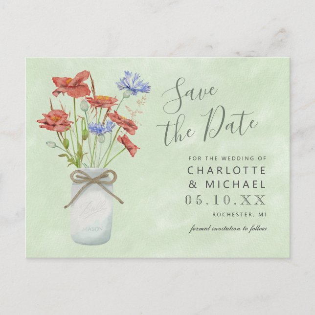 rustic wildflowers ball jar save the date postcard (Front)