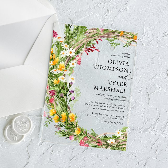 Rustic Wildflowers Bohemian Wedding Acrylic Invitations (Creator Uploaded)