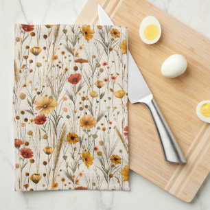 Rustic Wildflowers - Boho Fall Floral Pattern Tea Towel