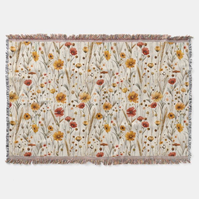 Rustic Wildflowers - Boho Fall Floral Pattern Throw Blanket (Front)