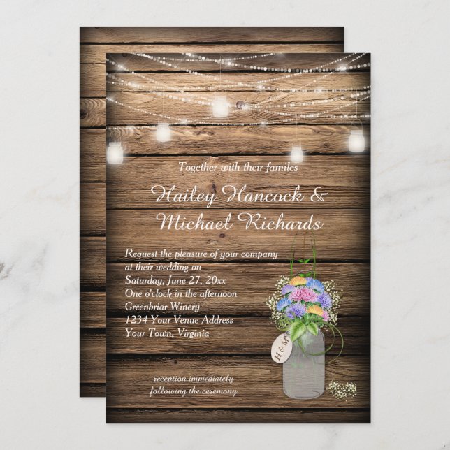 Rustic Wildflowers Bouquet Mason Jar Wedding | Invitation (Front/Back)