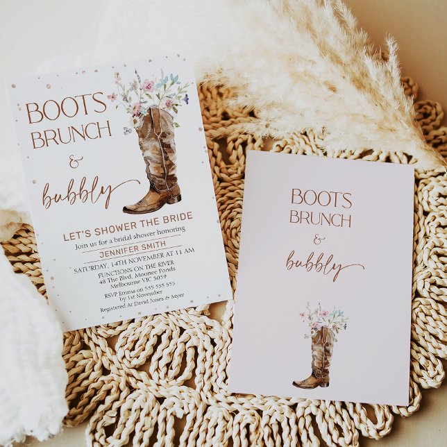 Rustic Wildflowers Brown Boots Bridal Shower Invitation (Boots Brunch Bubbly Bridal Shower Invitation, Rustic, Wildflowers Boot Bridal Shower Invite, Country)