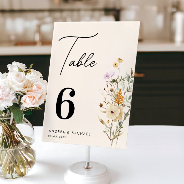 Rustic Wildflowers Cream Script Boho Wedding Table Number (Creator Uploaded)