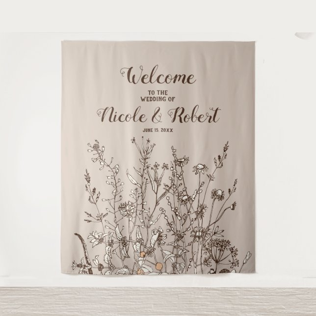 Rustic Wildflowers Fall Floral Wedding Backdrop Tapestry (Front)