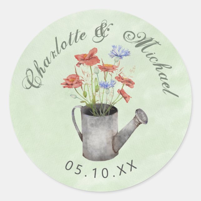 Rustic wildflowers in a water can wedding classic  round sticker (Front)
